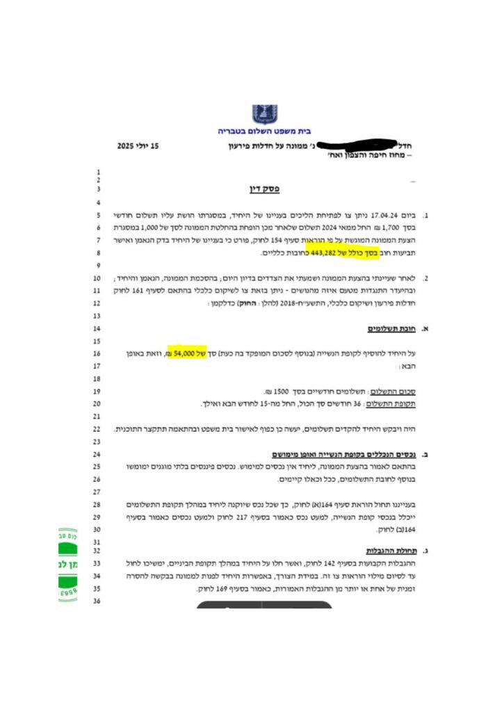 חוב של 440 נסגר ב 54 אלף שח